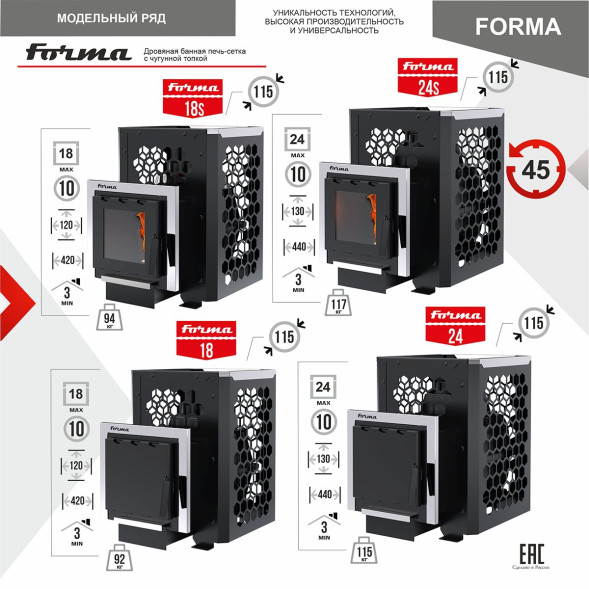Печь-каменка сетка FORMA 18 (Форма 18) чугунная топка